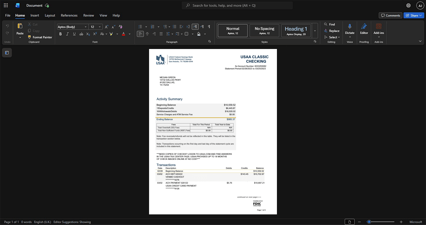 USA USAA USAA Bank Statement Template, Fully structured template in Word and PDF format