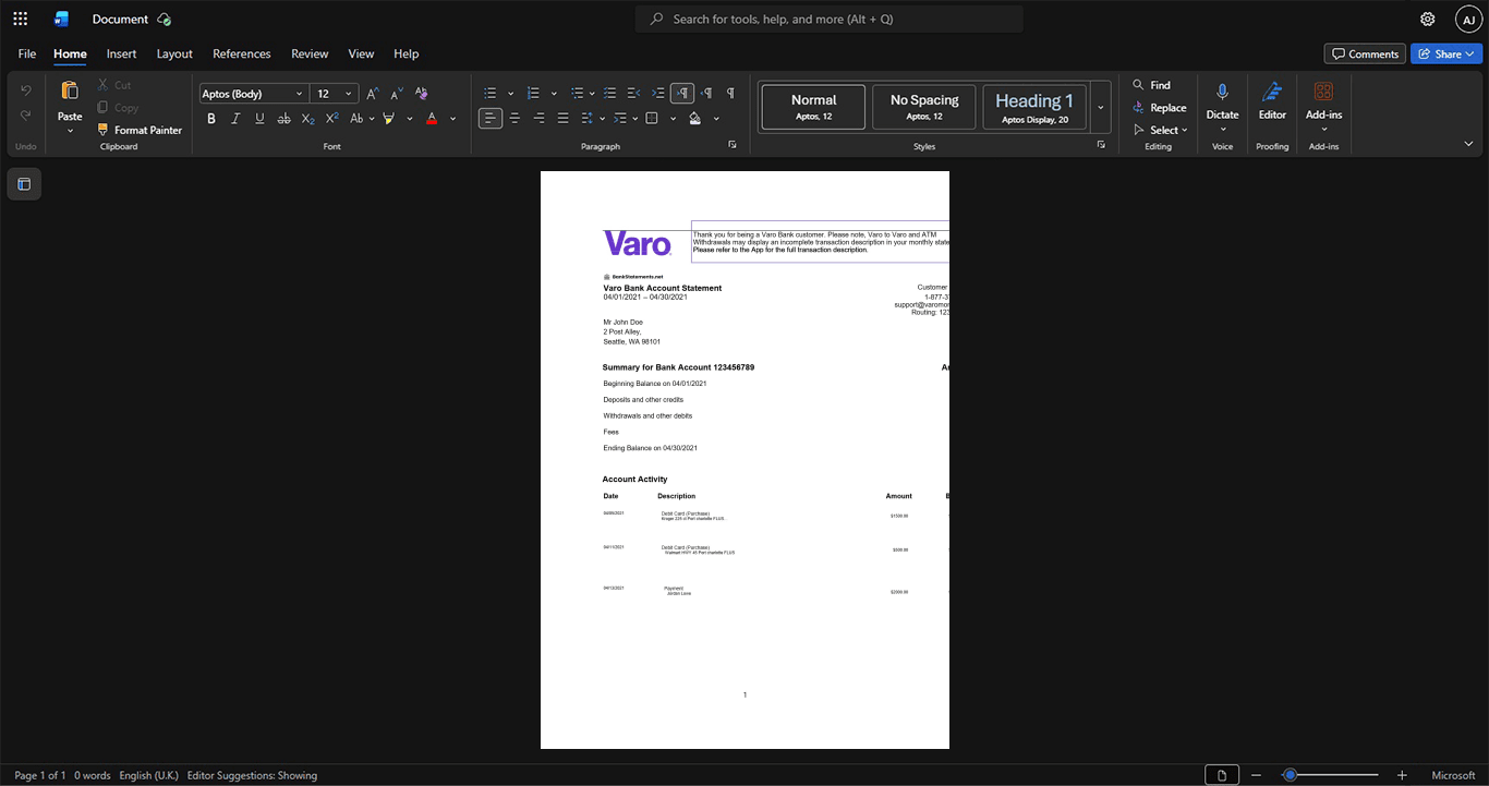 USA Varo Bank Bank Statement Template, Customizable layout available in Word and PDF
