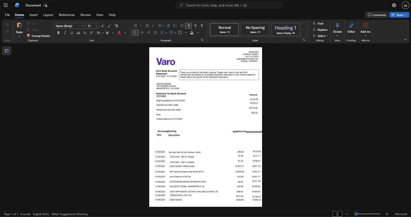 USA Varo Bank Bank Statement Template, Quick edit template in Word and PDF format