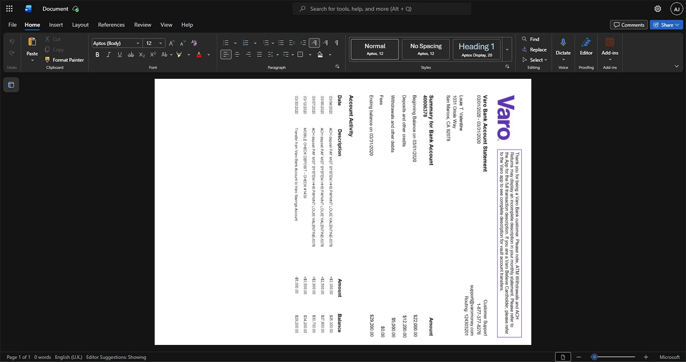 USA Varo Bank Bank Statement Template, Premium editable file in Word and PDF formats
