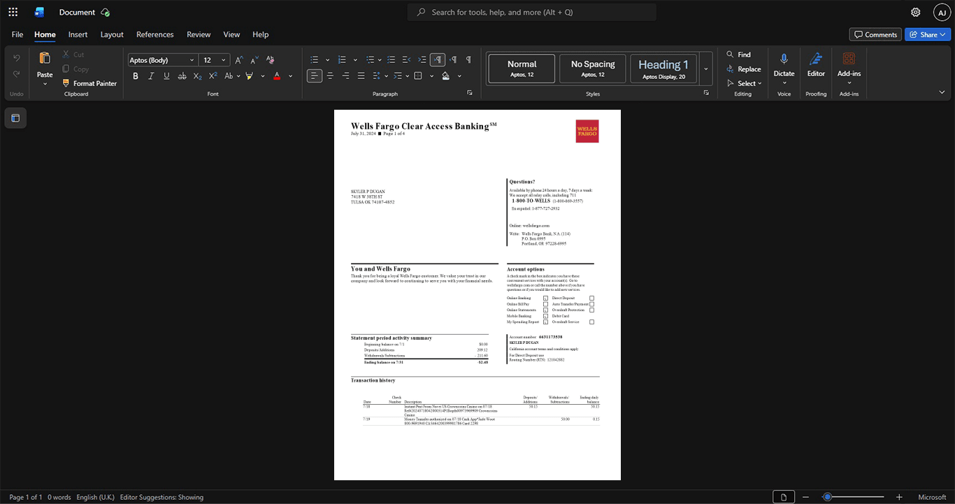 USA Wells Fargo Bank Bank Statement Template, Easily modifiable Word and PDF format