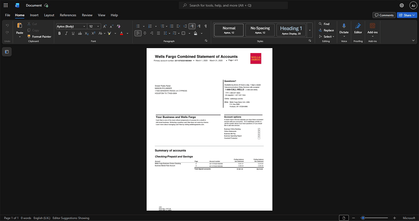USA Wells Fargo Bank Statement Template, Professional document in Word and PDF format
