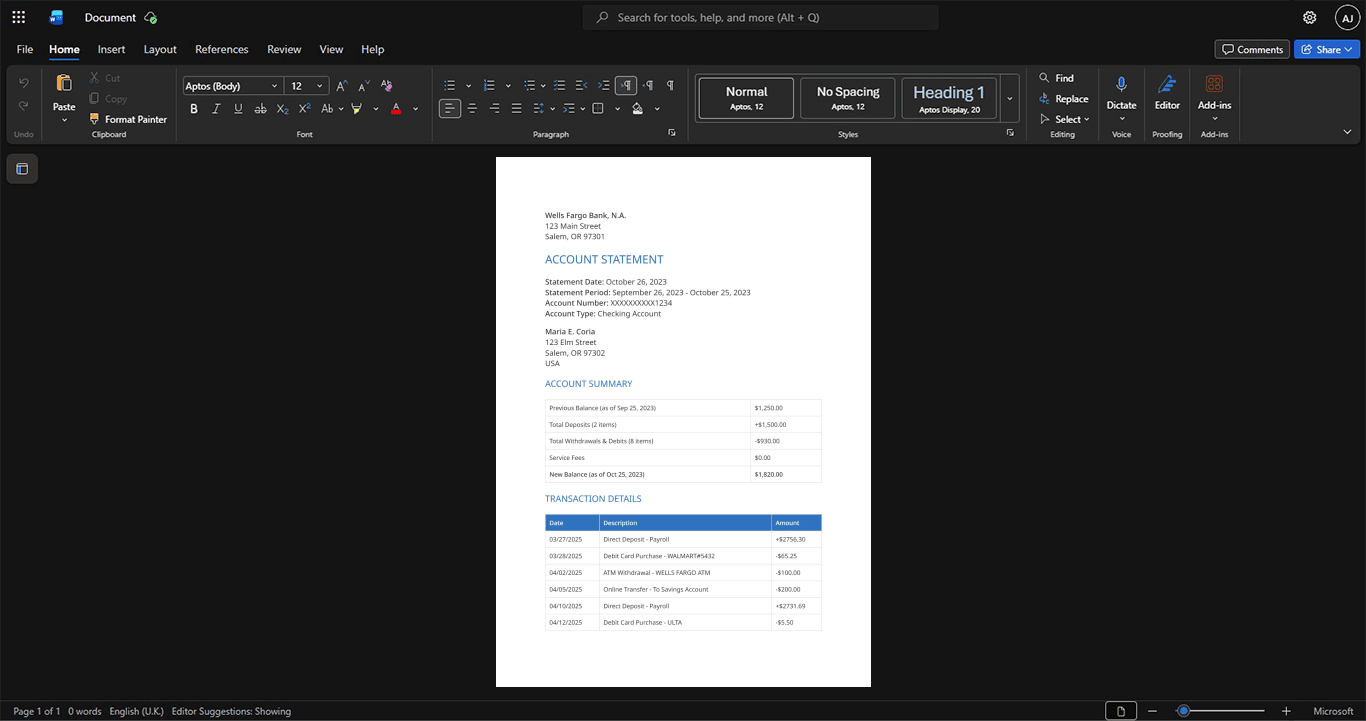 USA Wells Fargo Bank Statement Template, Fully structured template in Word and PDF format