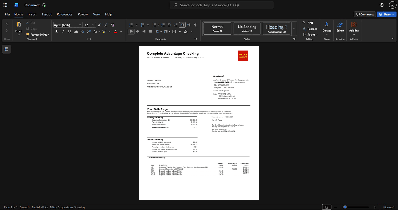 USA Wells Fargo Bank Statement Template, Standard printable layout in Word and PDF