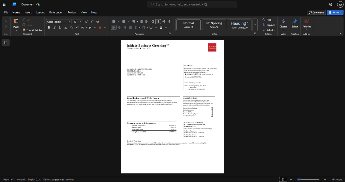 USA Wells Fargo Business Account Statement Template, Professional document in Word and PDF format