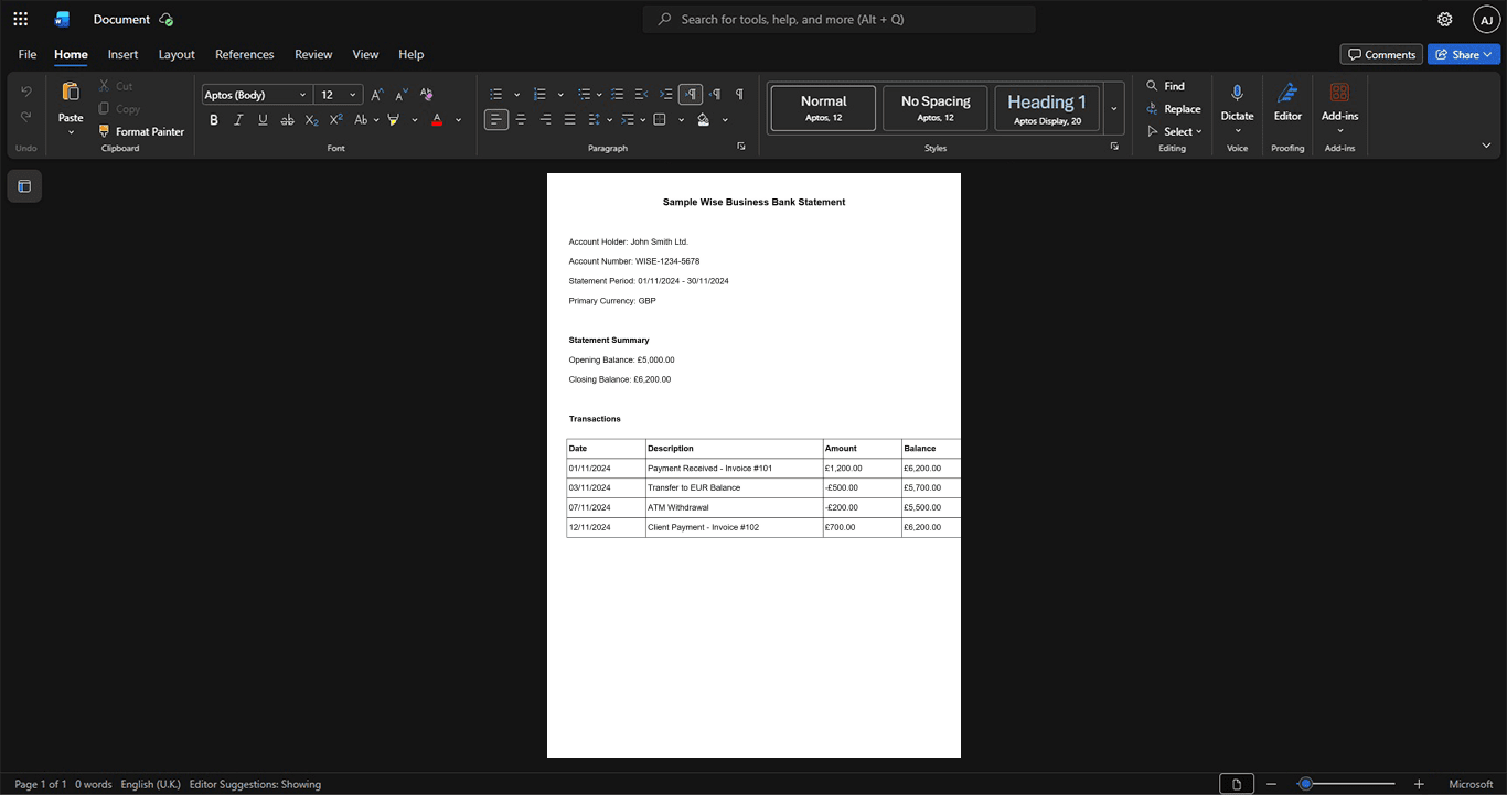 USA Wise Business Account Statement Template, Blank template in Word and PDF format
