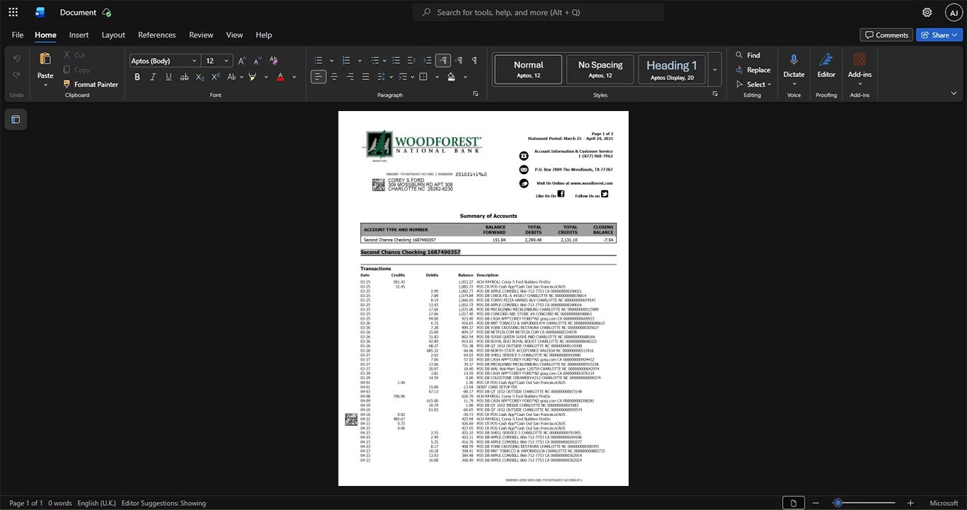 USA Woodforest National Bank Bank Statement Template, Print-ready template in Word and PDF