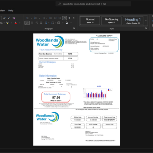 USA Woodlands Water District Water Bill Template, Standard printable layout in Word and PDF