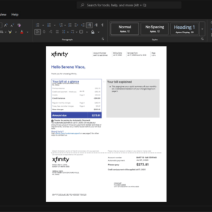 USA Xfinity Internet Bill Template, Customizable layout available in Word and PDF