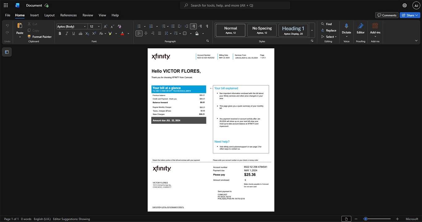 USA Xfinity Internet Bill Template, Available in editable Word and PDF format