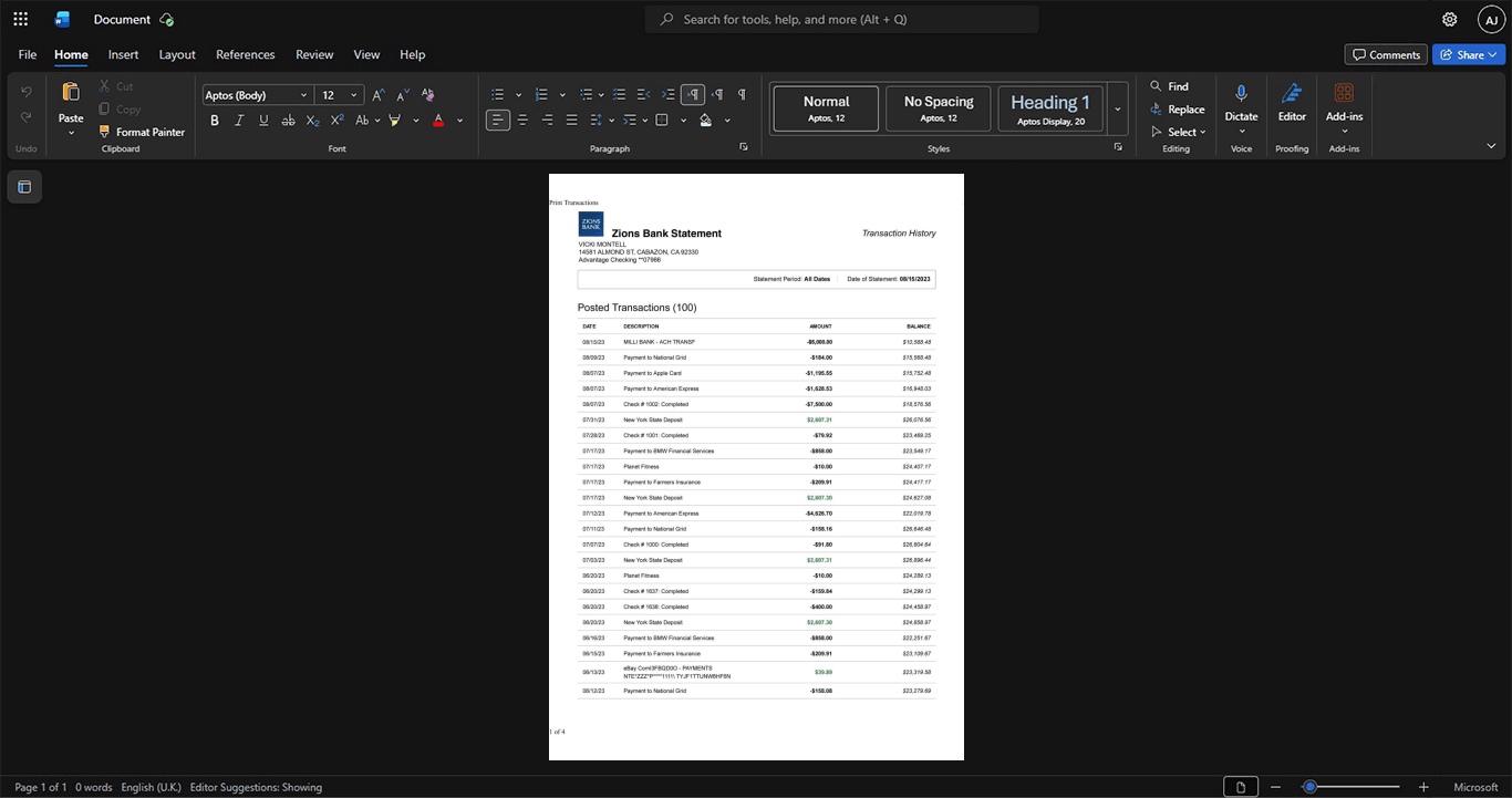 USA Zions Bank Bank Statement Template, Fully editable Word and PDF format