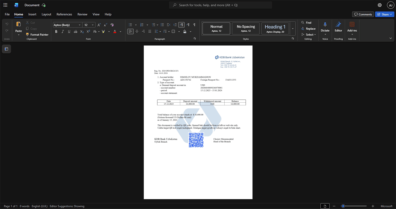 Uzbekistan KDB Bank Uzbekistan Bank Statement Template, Print-ready template in Word and PDF