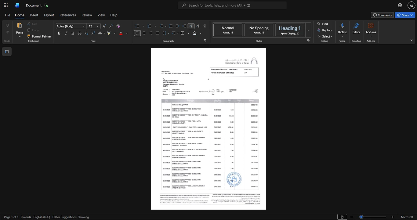 Uzbekistan Orient Finans Bank Bank Statement Template, Blank template in Word and PDF format