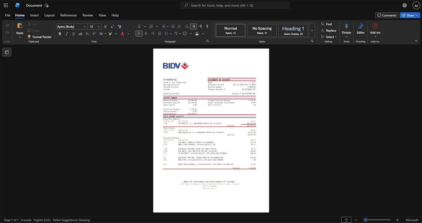 Vietnam Bank for Investment and Development of Vietnam BIDV Bank Statement Template, Available in editable Word and PDF format