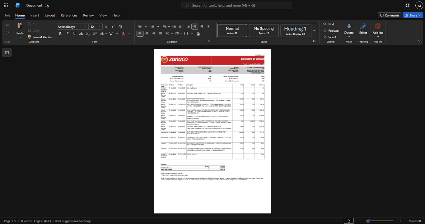 Zambia Zambia National Commercial Bank Plc Zanaco Bank Statement Template, Fully editable Word and PDF format
