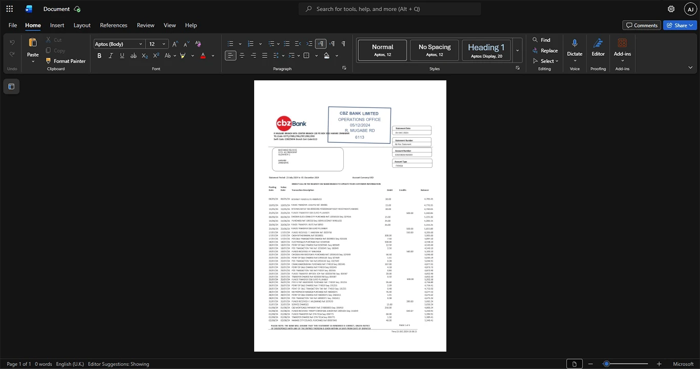 Zimbabwe CBZ Bank Limited Bank Statement Template, Fully structured template in Word and PDF format