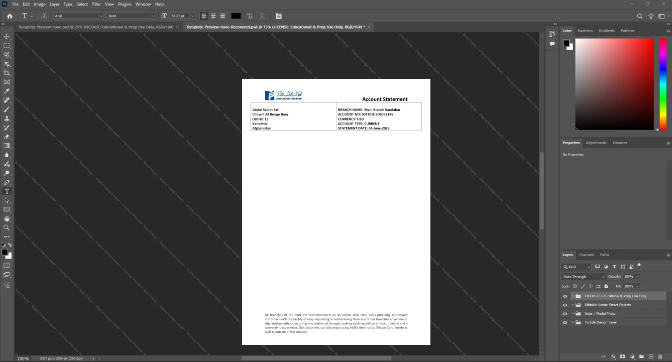 Afghanistan Afghan United Bank AUB Bank Statement Template, Customizable document in Word and PDF format, Page 2