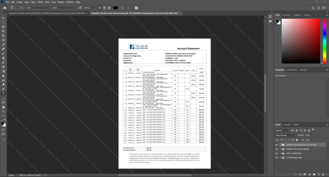 Afghanistan Afghan United Bank AUB Bank Statement Template, Clean typography design in Word and PDF format