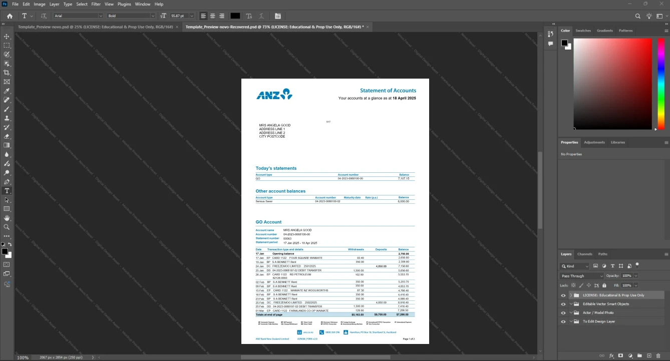 Australia Australia and New Zealand Banking Group ANZ Bank Statement Template, Customizable document in Word and PDF format