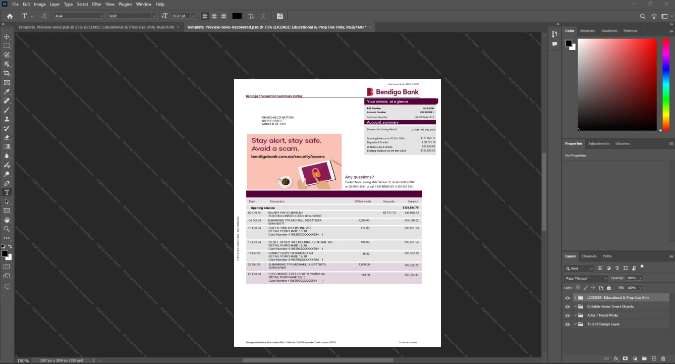 Australia Bendigo Bank Bank Statement Template, Blank template in Word and PDF format