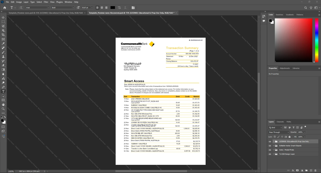 Australia Commonwealth Bank of Australia Bank Statement Template, printable document in Word and PDF format
