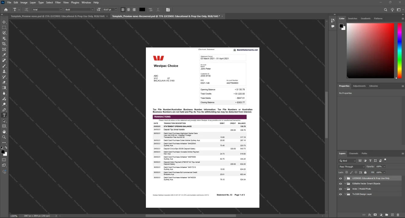 Australia Westpac Banking Corporation WBC Bank Statement Template, Blank template in Word and PDF format
