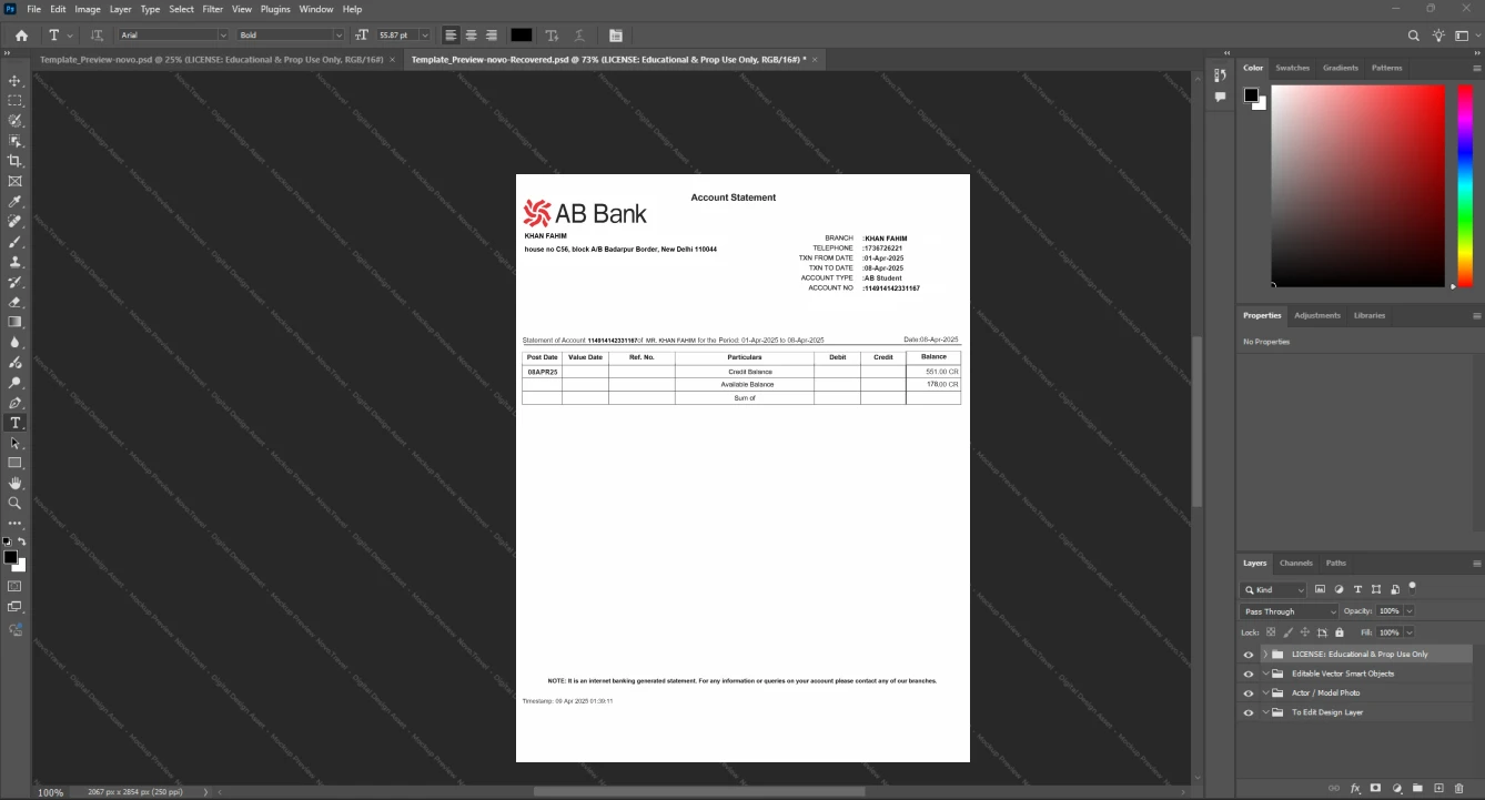 Bangladesh AB Bank Limited Bank Statement Template, Print-ready template in Word and PDF