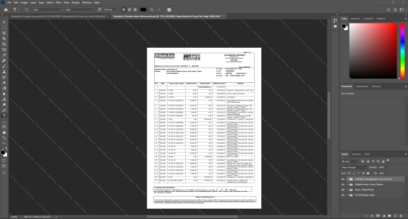 Bangladesh Bank Asia Business Account Statement Template, Ready to use template in Word and PDF