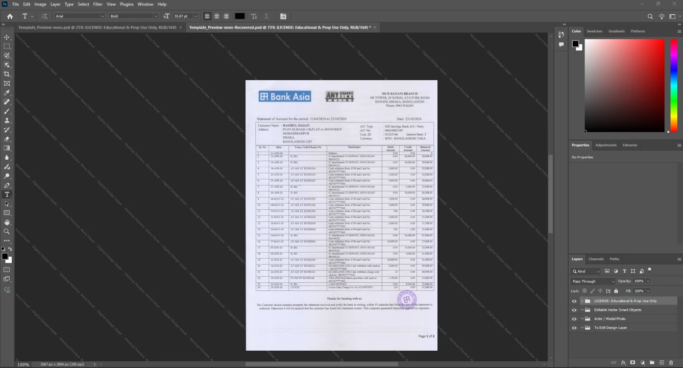 Bangladesh Bank Asia Limited Bank Statement Template, Ready to print in Word and PDF format