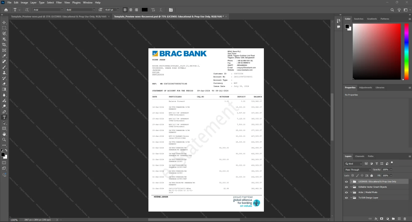 Bangladesh BRAC Bank Bank Statement Template, High-quality template in Word and PDF format