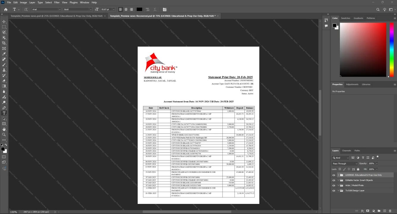 Bangladesh City Bank Bank Statement Template, Customizable document in Word and PDF format