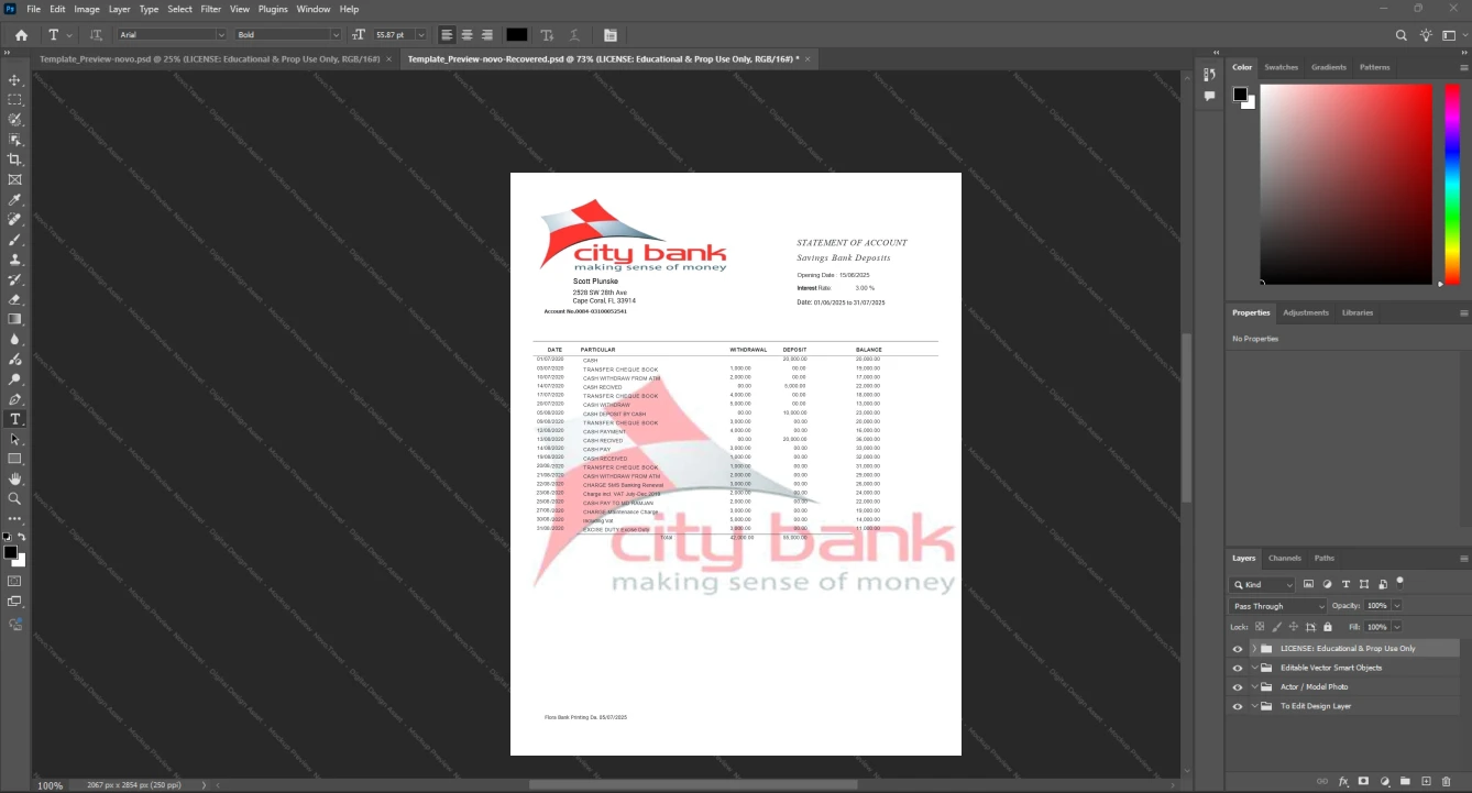 Bangladesh City Bank Limited Bank Statement Template, Print-ready in PDF layout