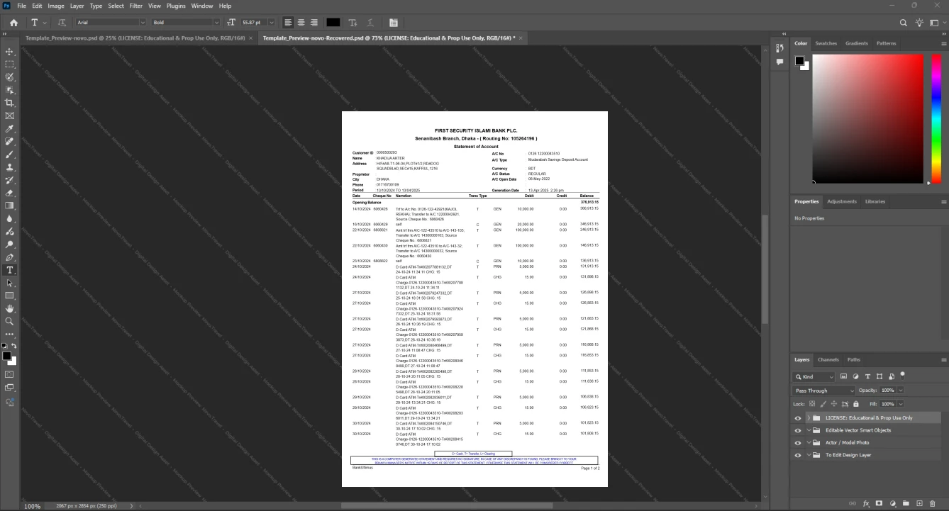 Bangladesh First Security Islami Bank Bank Statement Template, Quick edit digital asset in Word and PDF