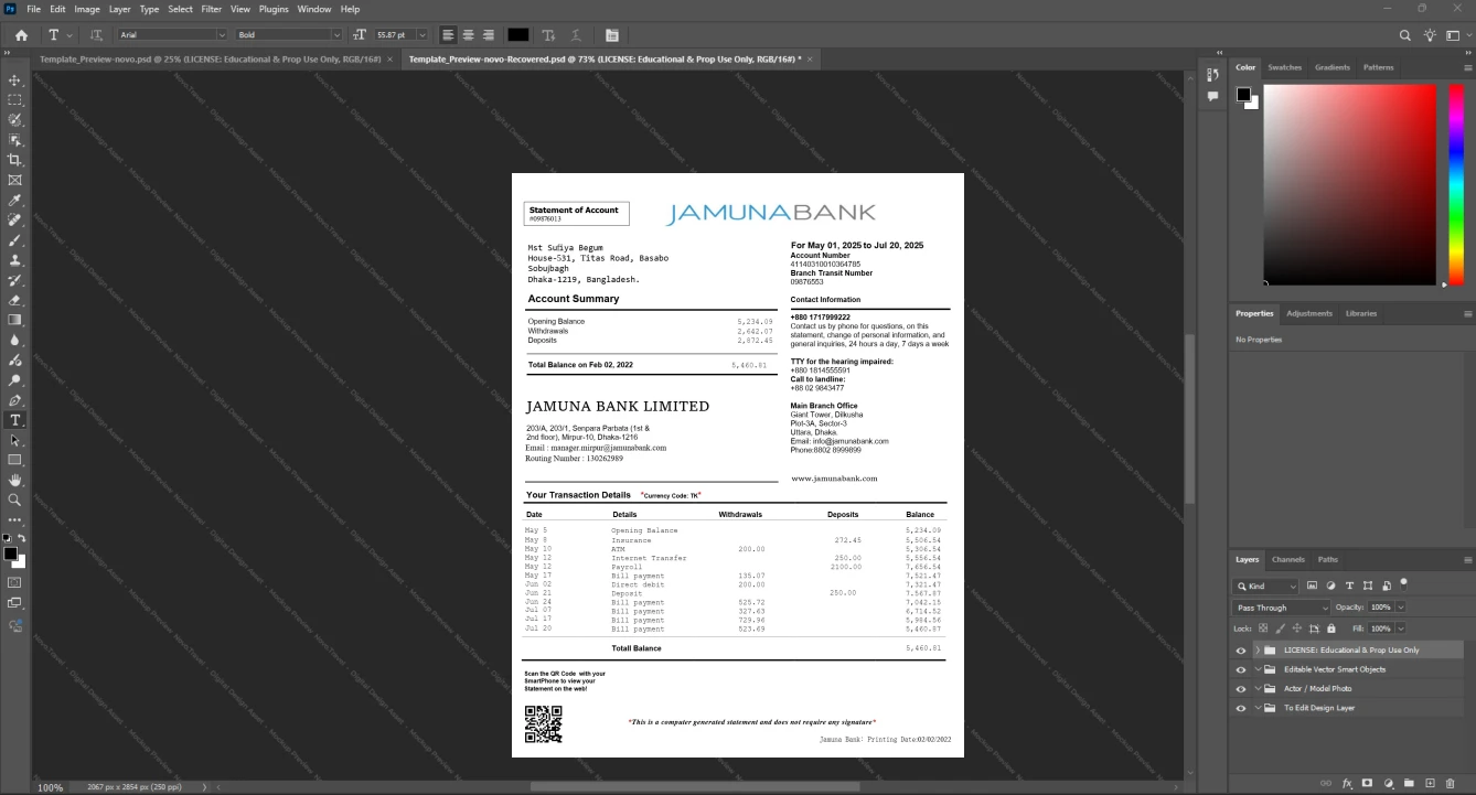 Bangladesh Jamuna Bank Bank Statement Template, Available in editable Word and PDF format