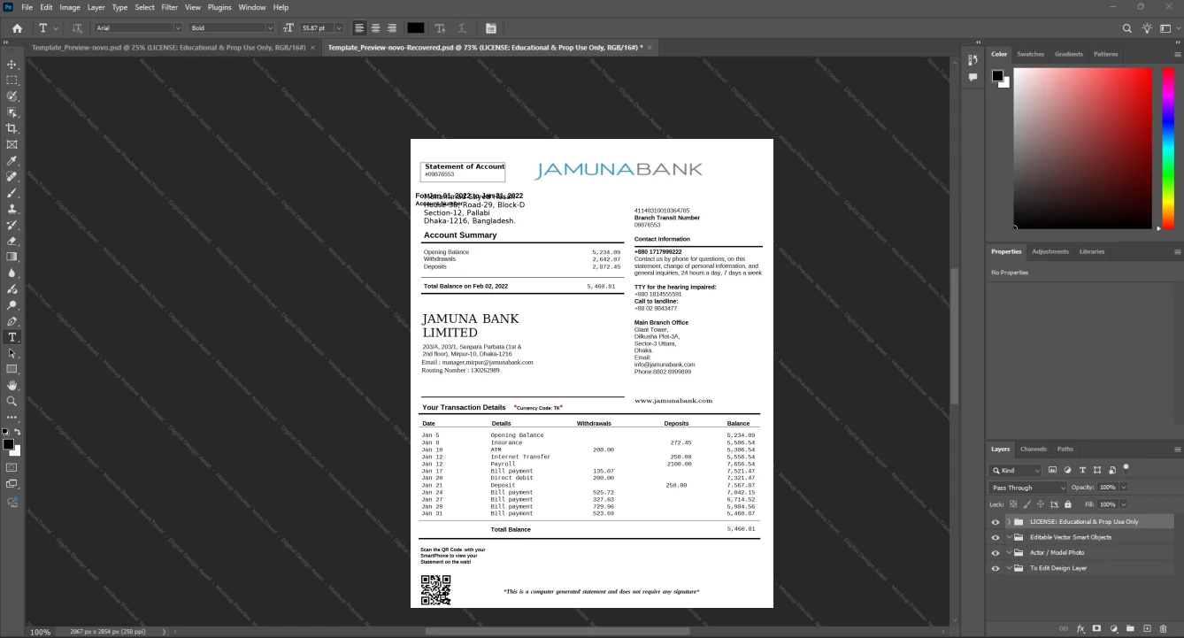 Bangladesh Jamuna Bank Bank Statement Template, Professional document in Word and PDF format