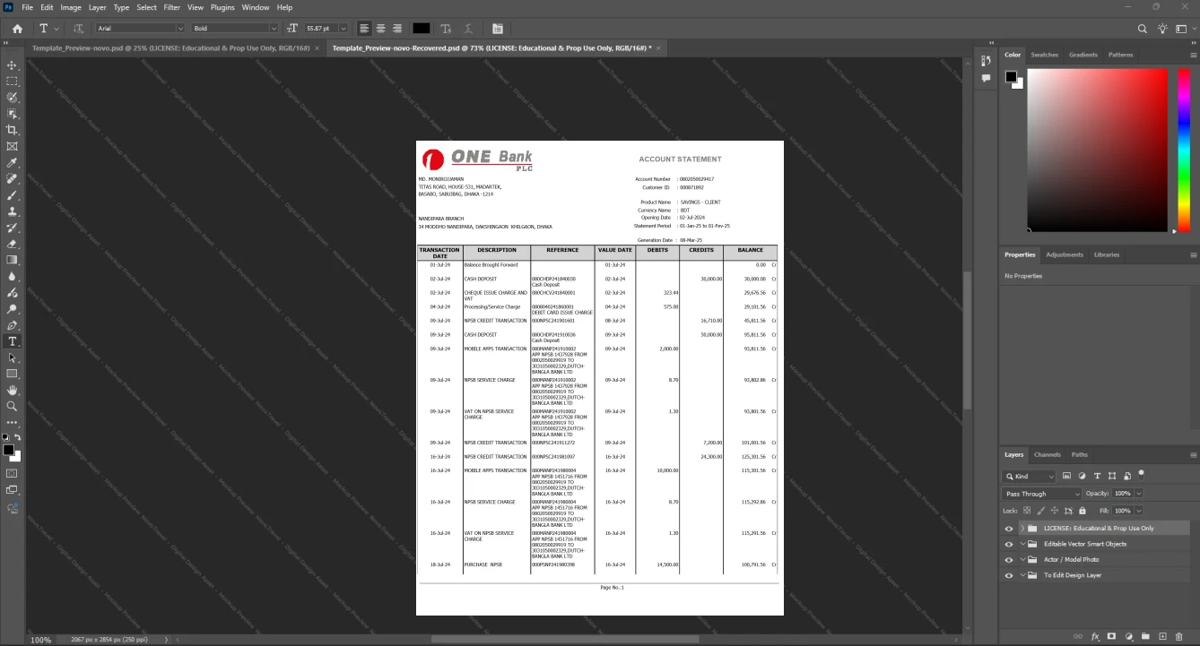 Bangladesh One Bank Limited Bank Statement Template, Blank template in Word and PDF format
