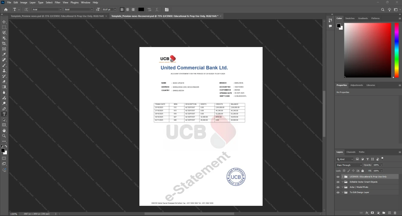Bangladesh United Commercial Bank Ltd UCB Bank Statement Template, Quick edit template in Word and PDF format