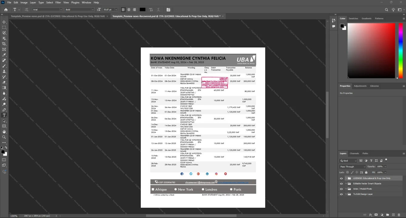 Cameroon United Bank for Africa Cameroon S A UBA Bank Statement Template, Premium editable file in Word and PDF formats, Page 3