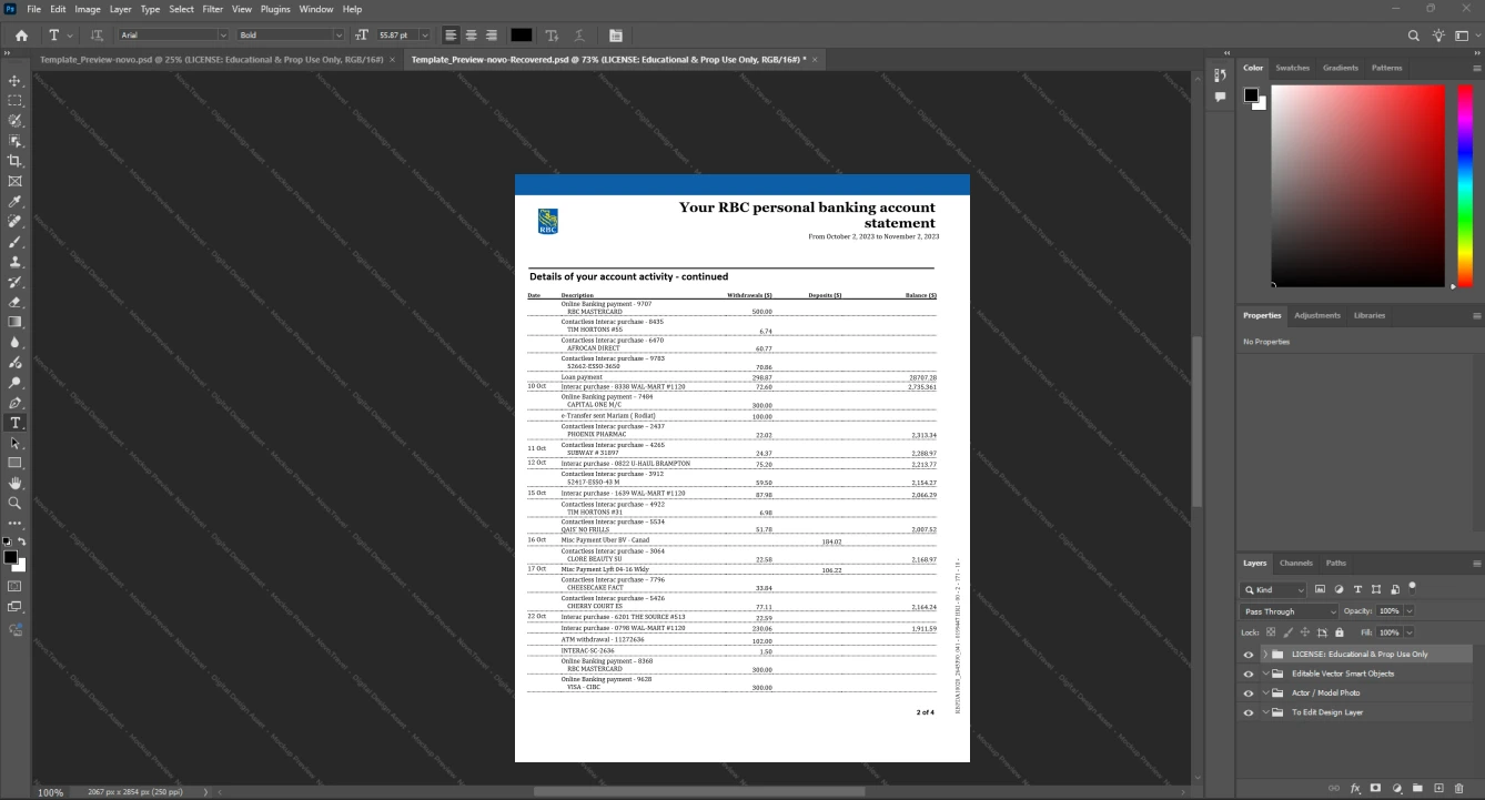 Canada Royal Bank of Canada RBC Bank Statement Template, Customizable document in Word and PDF format, Page 2