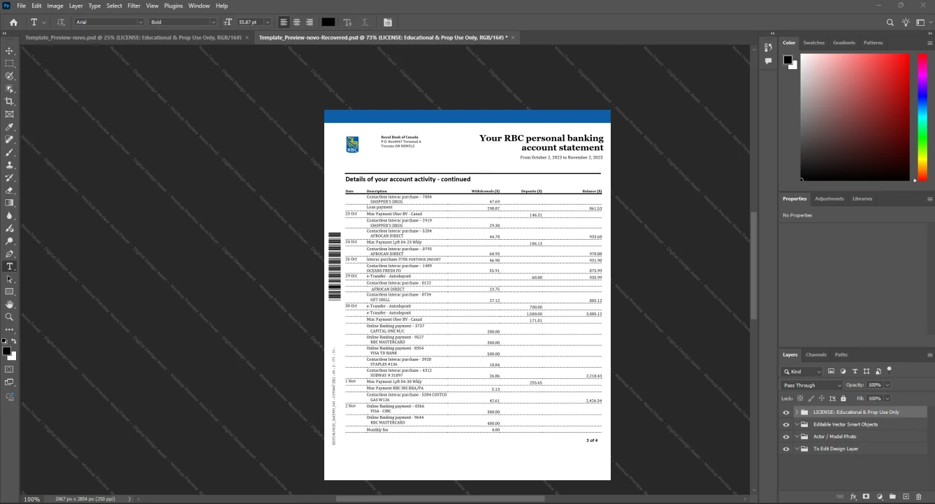 Canada Royal Bank of Canada RBC Bank Statement Template, Standard printable layout in Word and PDF, Page 3