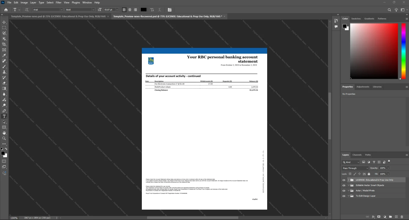 Canada Royal Bank of Canada RBC Bank Statement Template, Customizable layout available in Word and PDF, Page 4