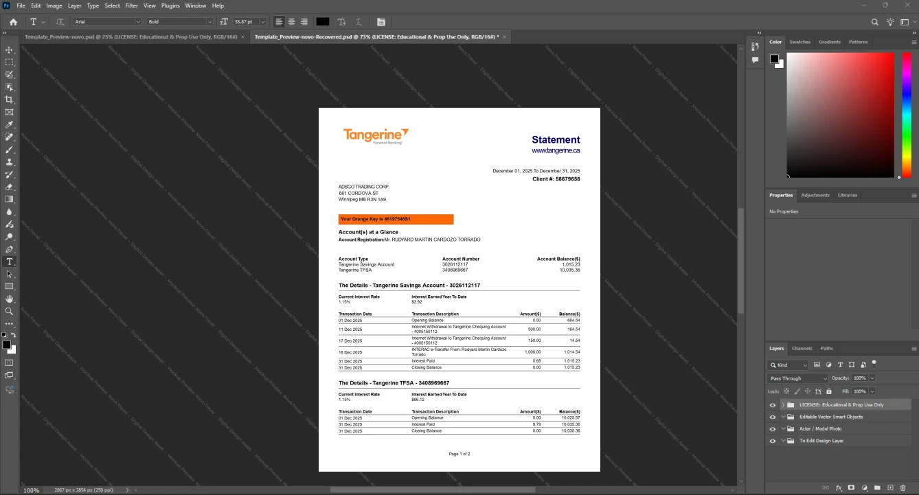 Canada Tangerine Bank Bank Statement Template, High-quality design in Word and PDF format