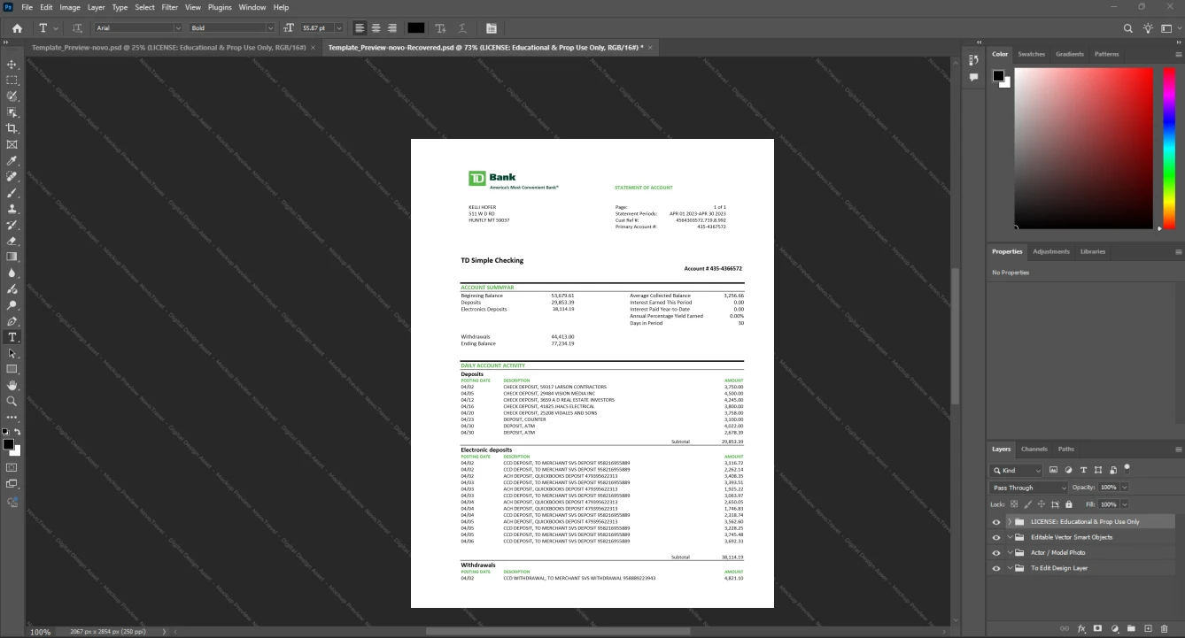 Canada TorontoDominion Bank TD Bank Statement Template, Digital download file preview