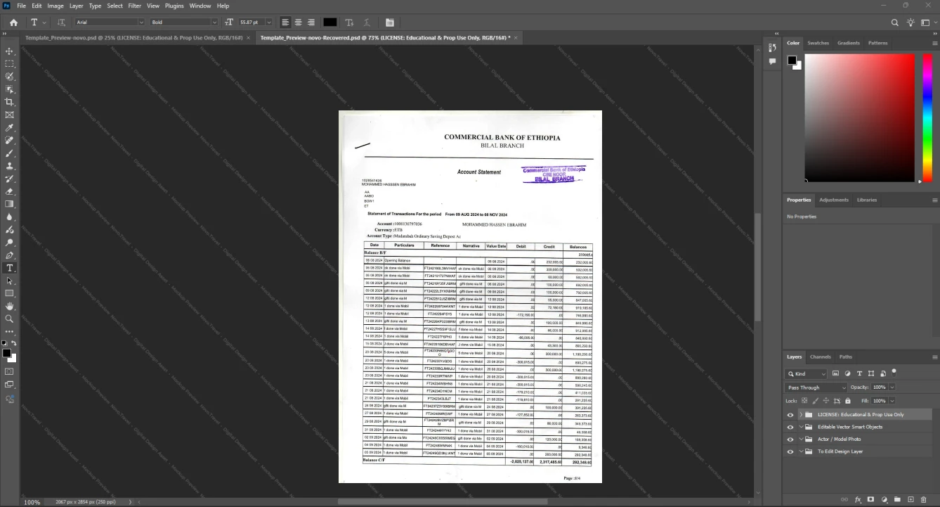 Ethiopia Commercial Bank of Ethiopia Bank Statement Template, Blank template in Word and PDF format