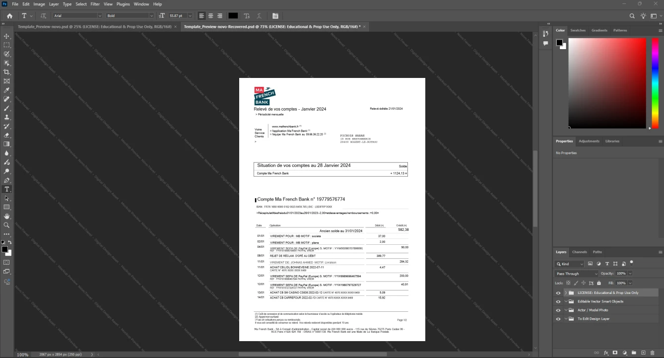 France Ma French Bank Bank Statement Template, Customizable layout available in Word and PDF