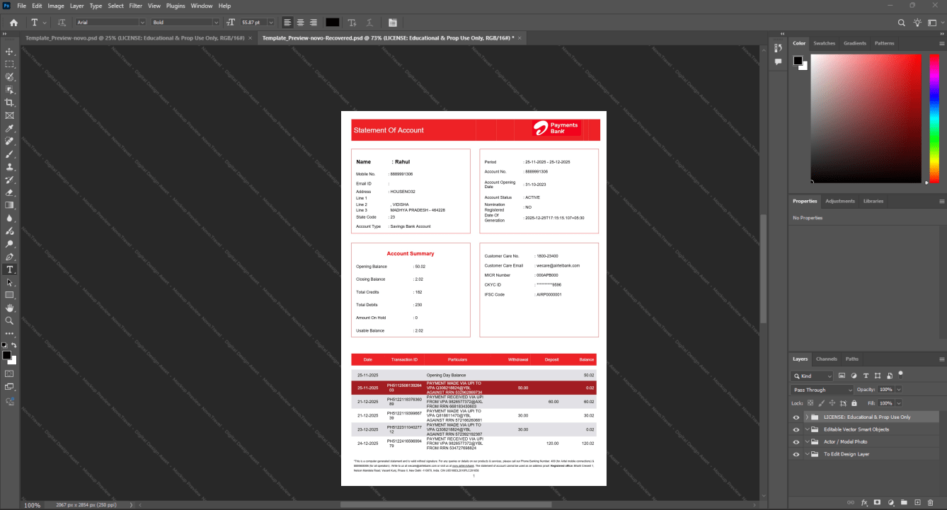 India Airtel Payment Bank Bank Statement Template, Available in editable Word and PDF format