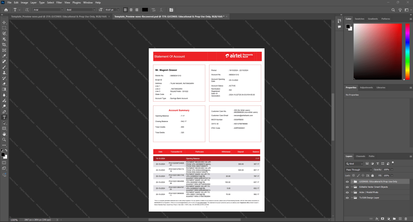 India Airtel Payments Bank Bank Statement Template, Blank template in Word and PDF format