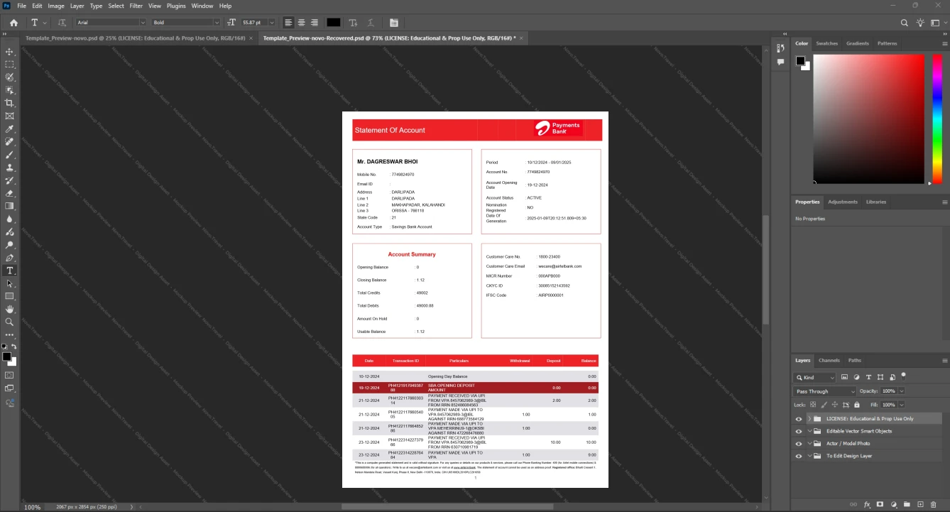 India Airtel Payments Bank Bank Statement Template, Blank template in Word and PDF format