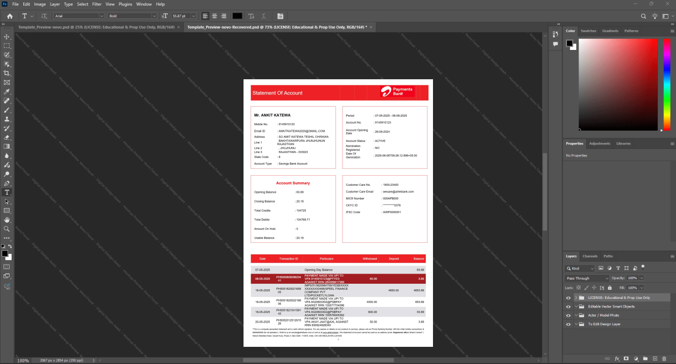 India Airtel Payments Bank Bank Statement Template, Premium editable file in Word and PDF formats
