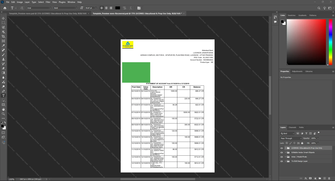 India Allahabad Bank Bank Statement Template, Standard layout in DOCX and PDF